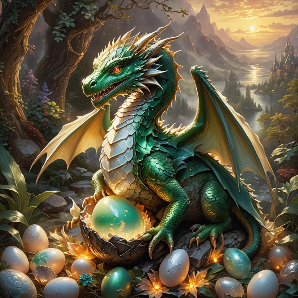 A young dragon hatching from its egg, surrounded by soft glowing embers. The dragon’s scales shimmer with shades of gree...