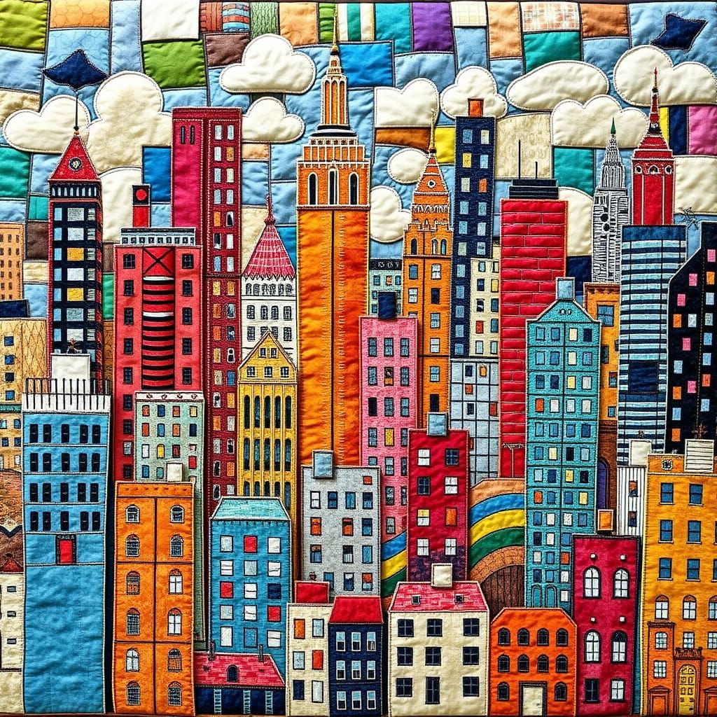 Vibrant Cityscape Constructed from Colorful Fabric Patches