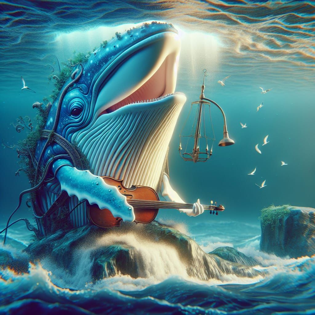 Anthropomorphic Whale Playing Instrument in Surreal Scene