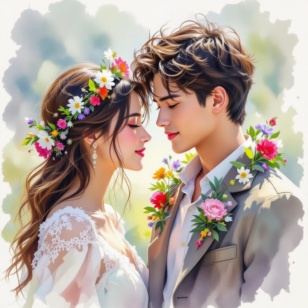 Young Woman with Flowers Meets Man in Bark Attire