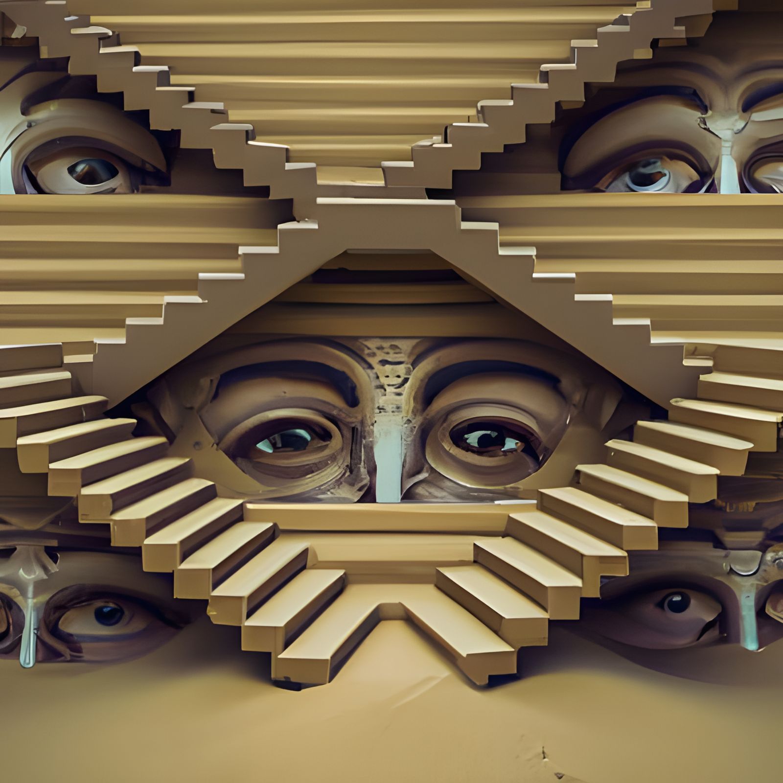 Escher-Inspired Stairs with Faces in Sand
