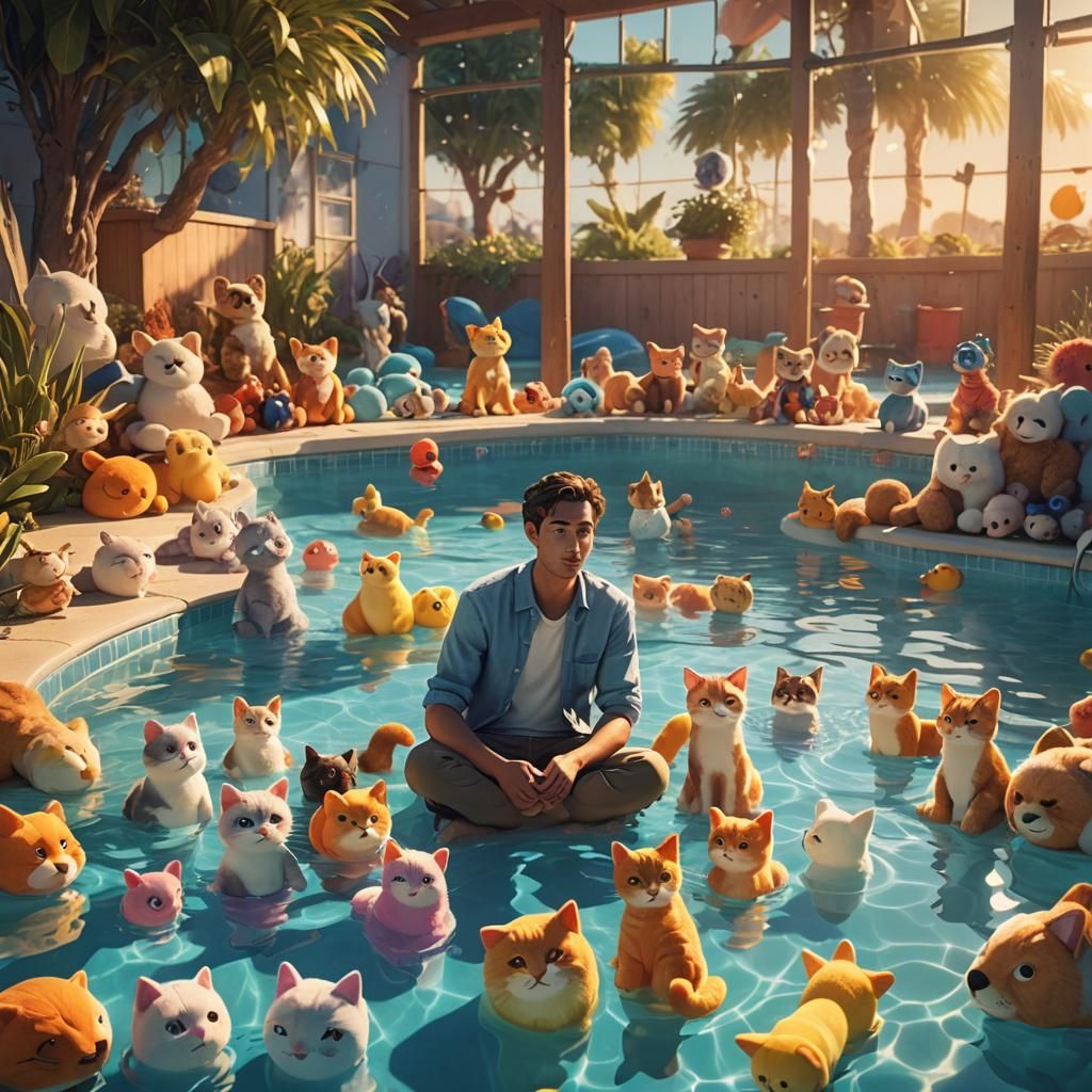 Man and Cat in Pool, Playful 3D Digital Art