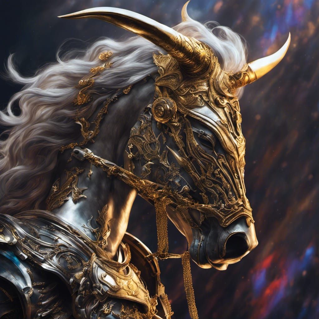 Horse wearing glistening gold and silver armor.