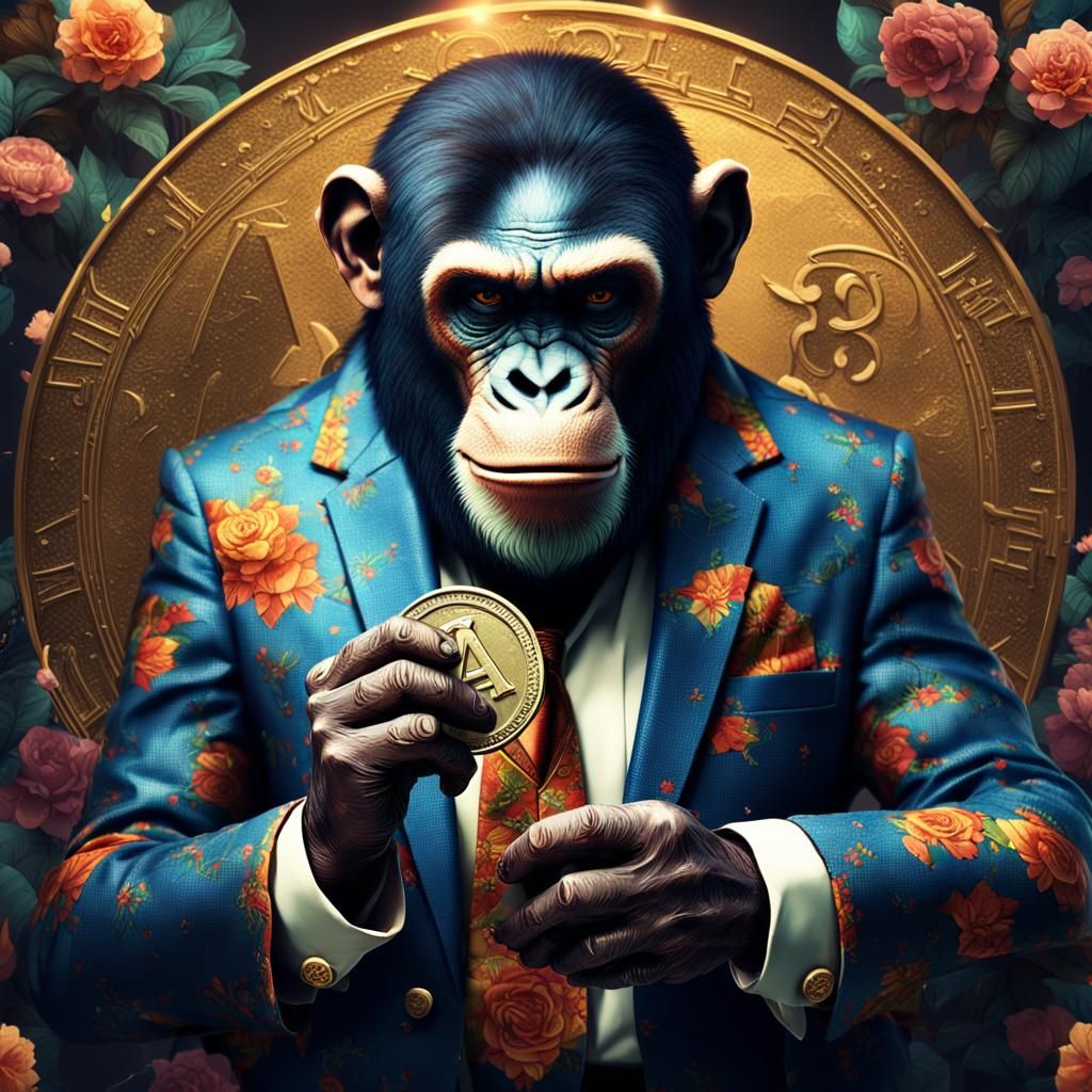 Ape in Floral Suit Holding Coin, Detailed Digital Art