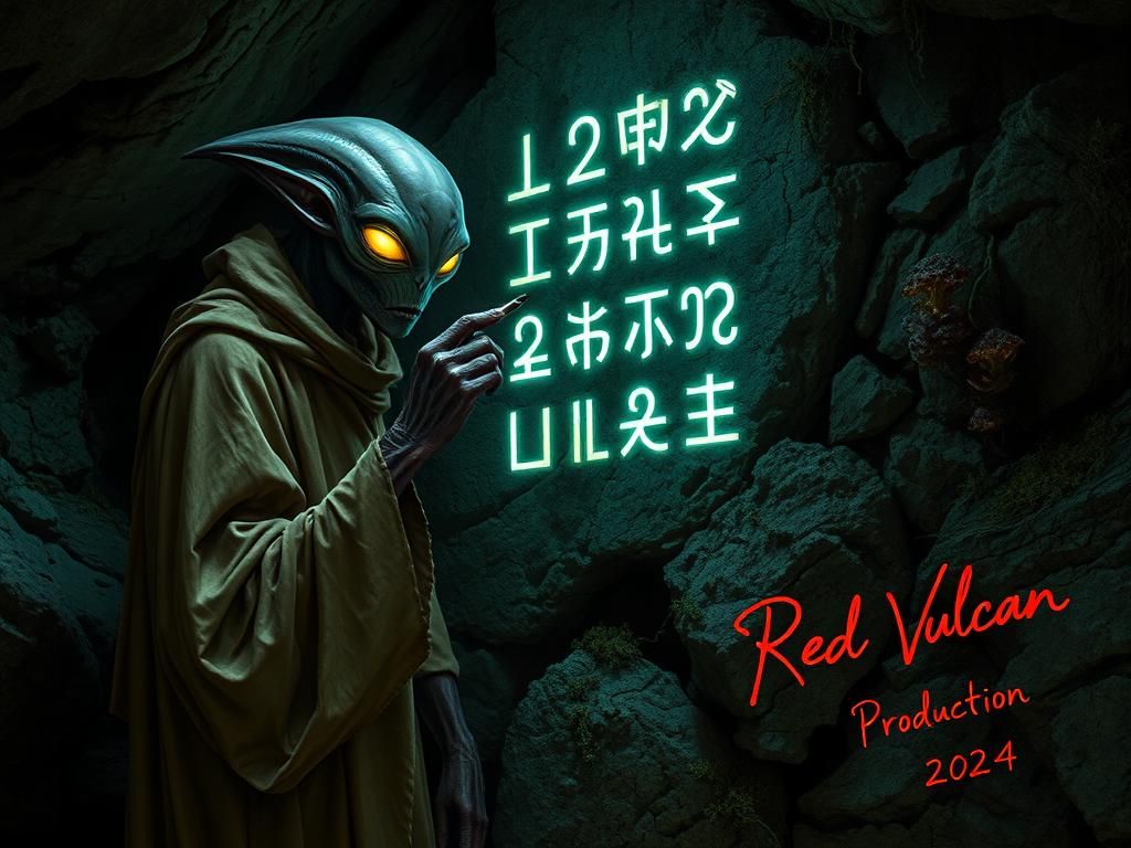 An Alien leaving strange alien runes on a cave wall.