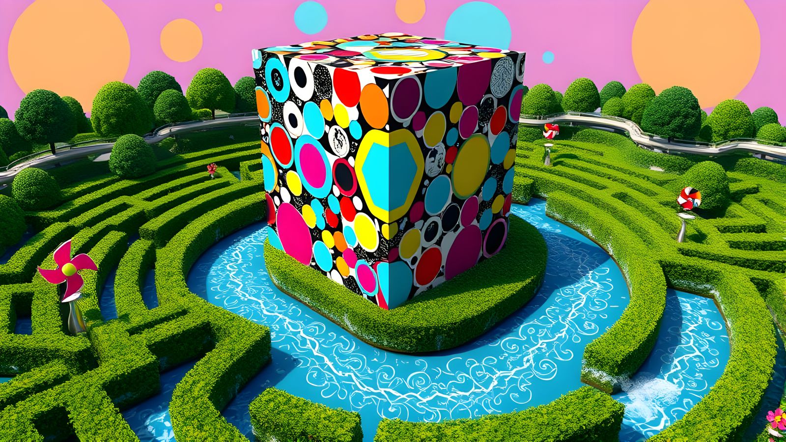 Epic Kaleidoscopic Cube in a Vibrant Dieselpunk Maze