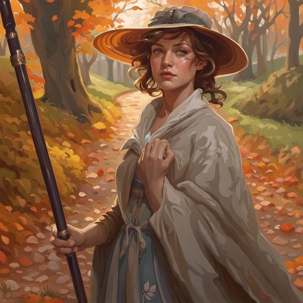 Autumn Portrait of Woman with Cane in Country Lane