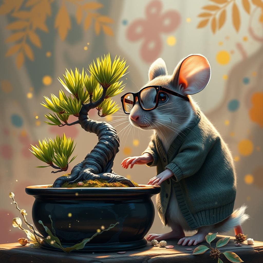 Anthropomorphic Mouse Maintains Bonsai Palm Tree