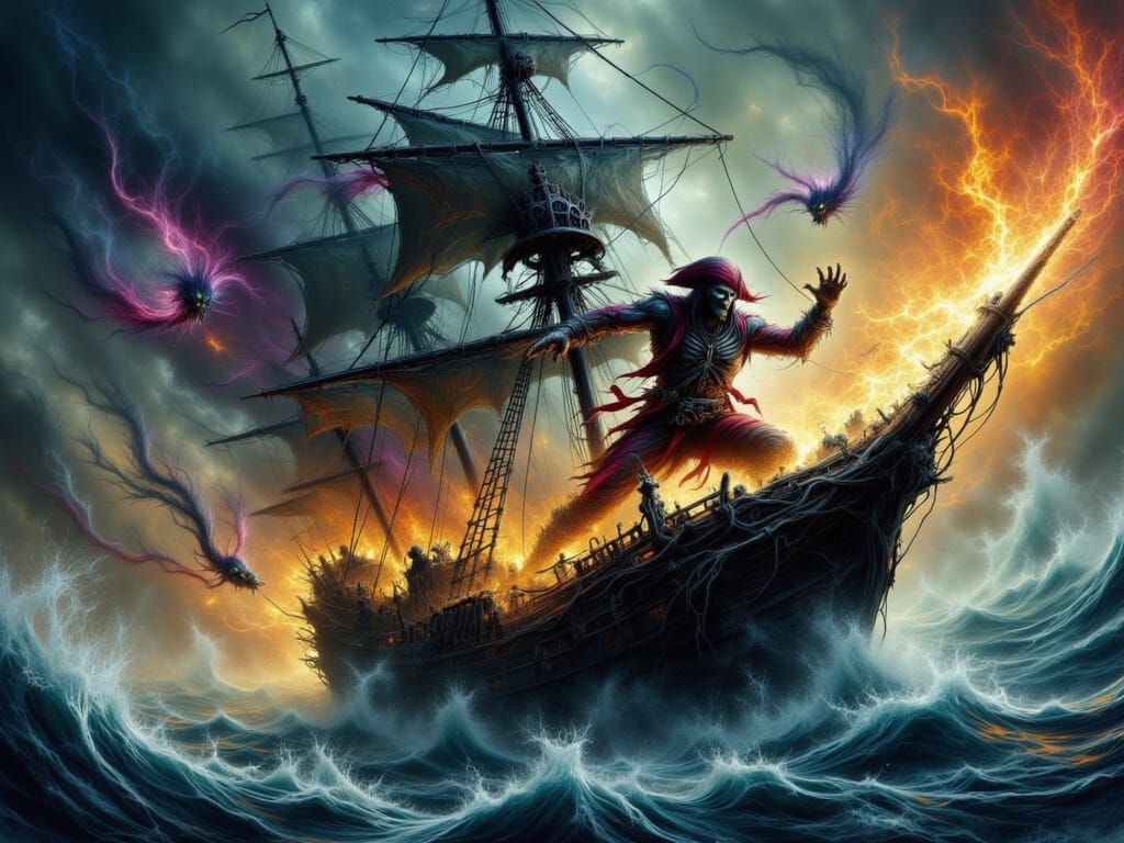 Cat Pirate on Ship in Colorful Ocean Illustration