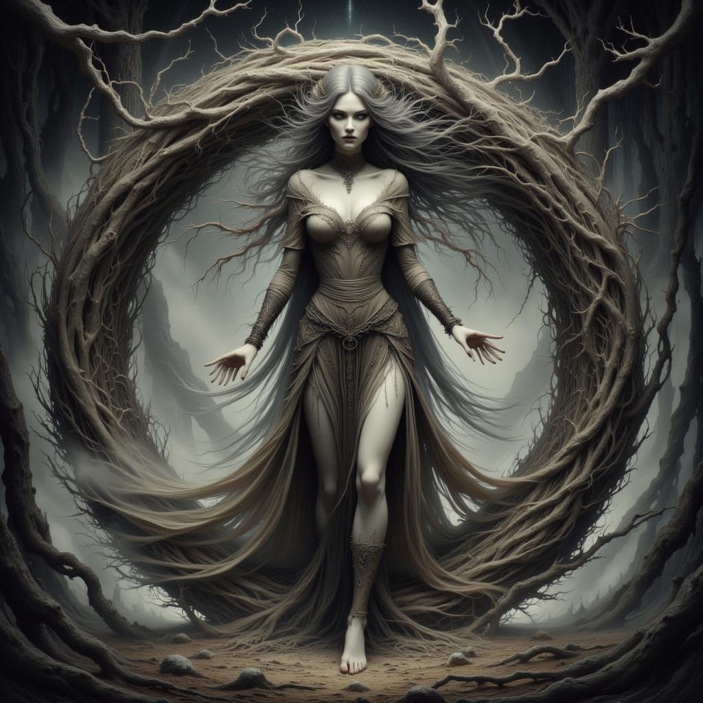 Norse Völva Angrboda Performing Ritual Dance at Yggdrasil