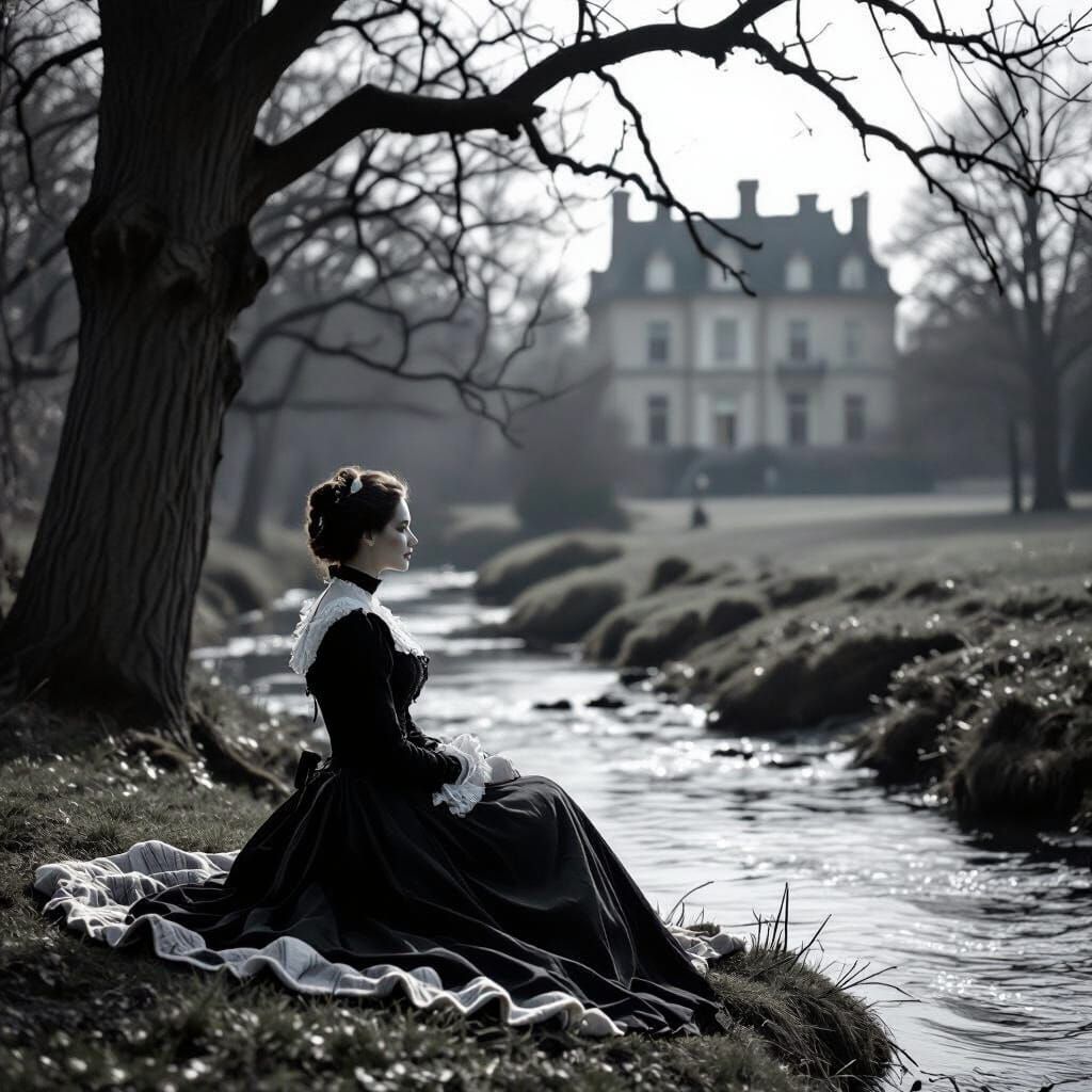 Victorian Noblewoman by Stream in Black and White Photograph
