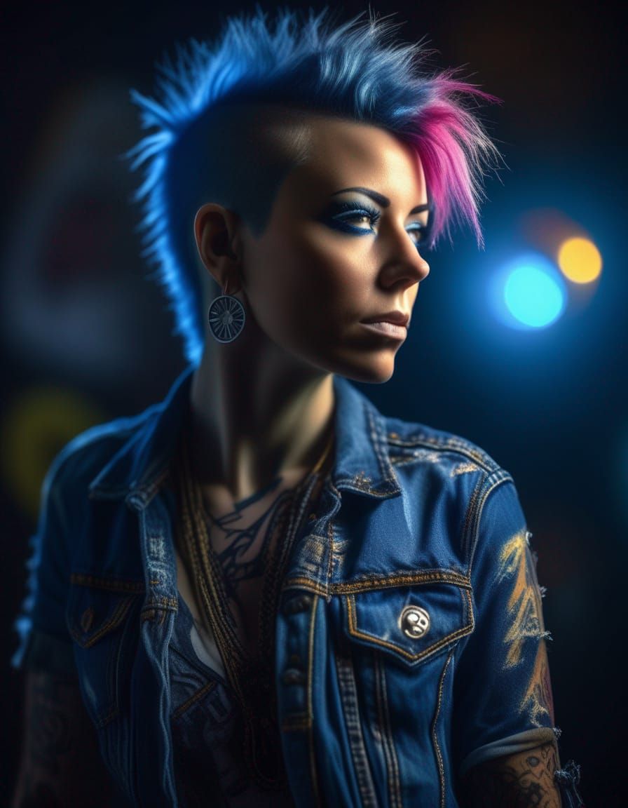 Hyper-Realistic Punk Rocker Goddess in Neon Lighting