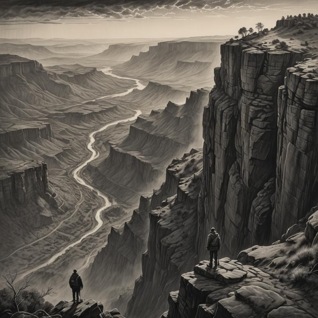 Charcoal Drawing of Figure Gazing from Cliff