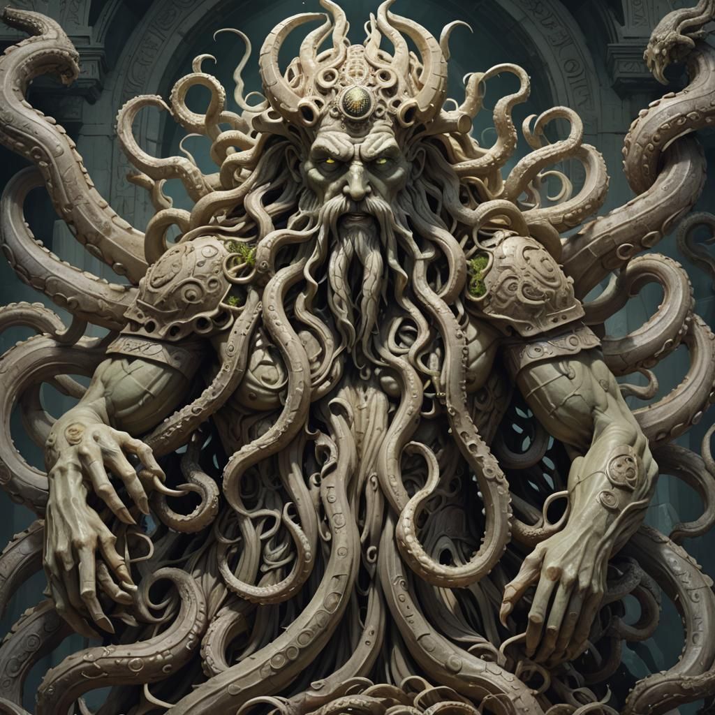 Cosmic Horror Statue with Tentacled Arms and Watchful Eyes