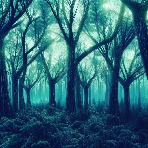 Electric Blue Lightning Forest in Digital Painting Style