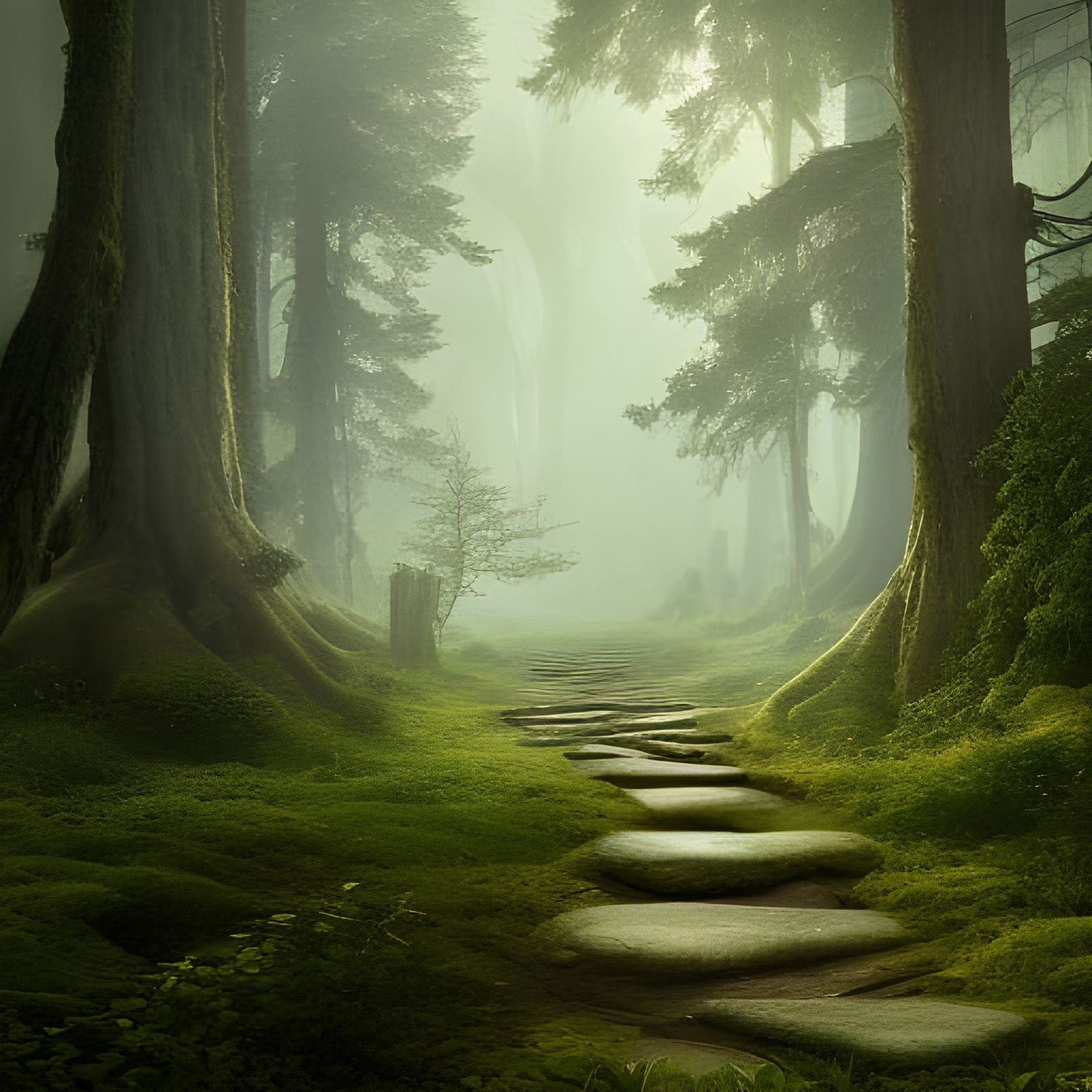 Nordic Forest Path in Digital Matte Painting Style