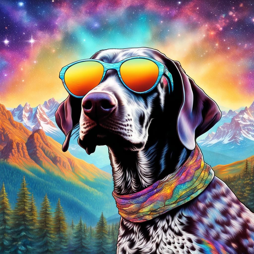 German Pointer with Sunglasses in Cosmic Landscape