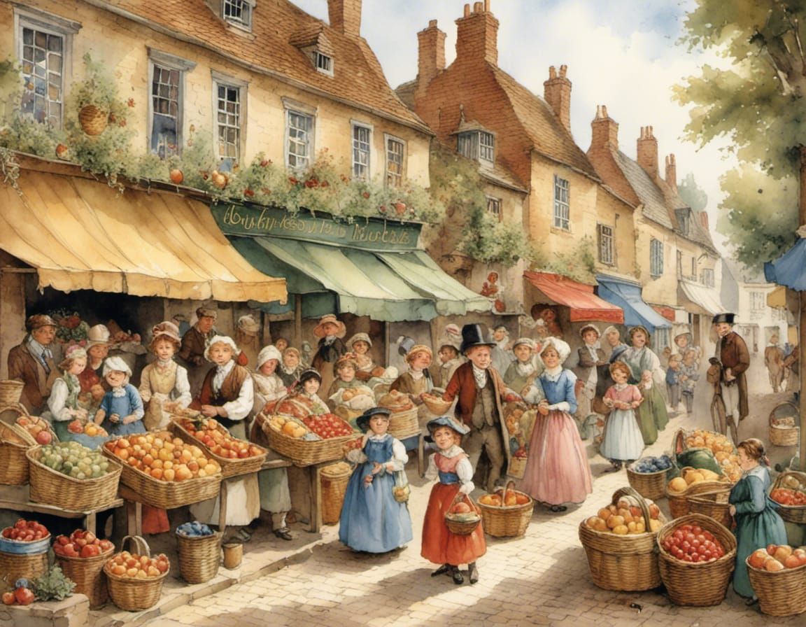 18th Century London Market Scene in Old Books Style