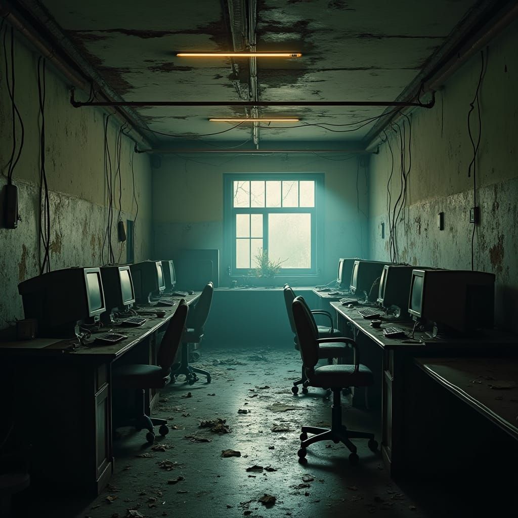 Abandoned Office Building at Dusk in Moody, Cyberpunk Style