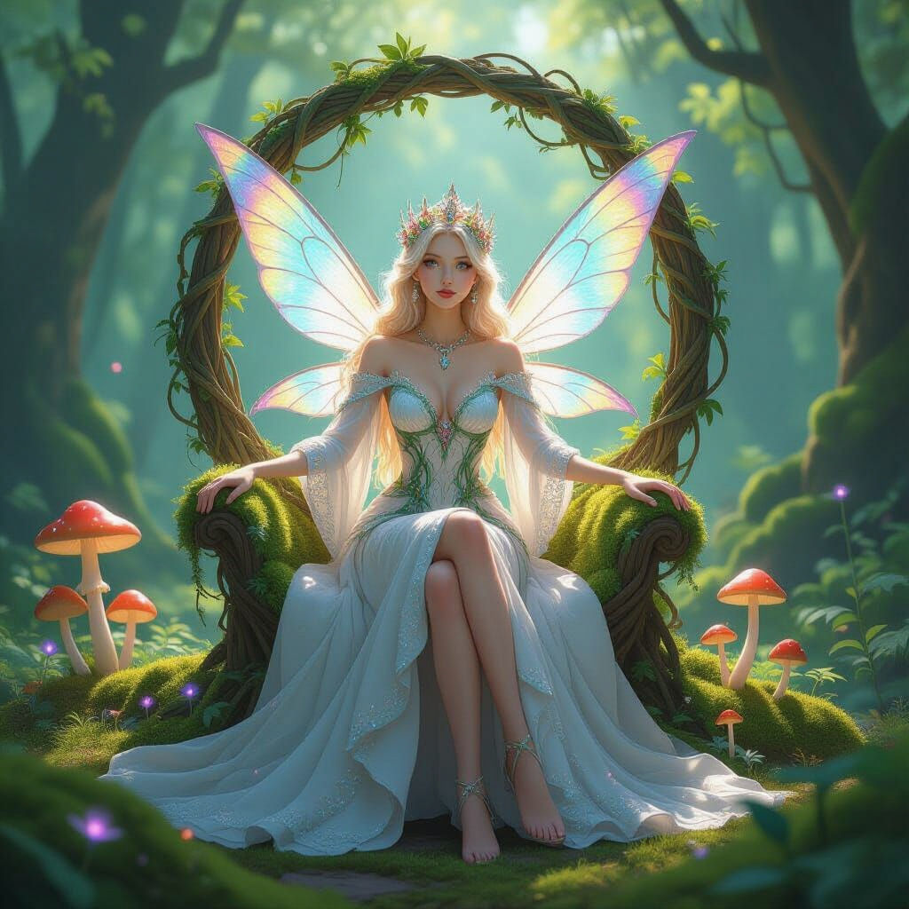 Fairy Queen on Mushroom Throne in Anime Style