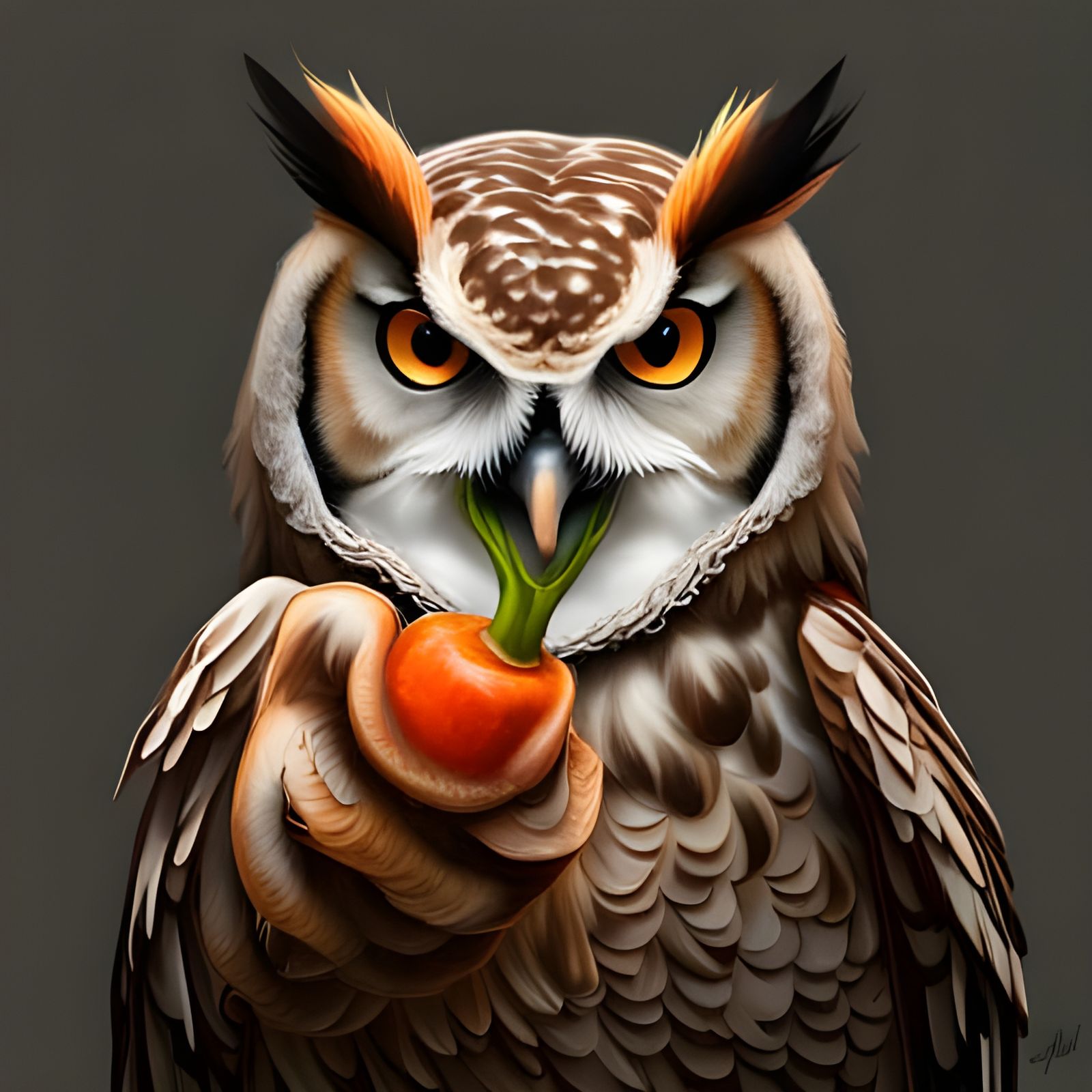 Owl Holds Carrot and Bat: Hyperrealistic Image