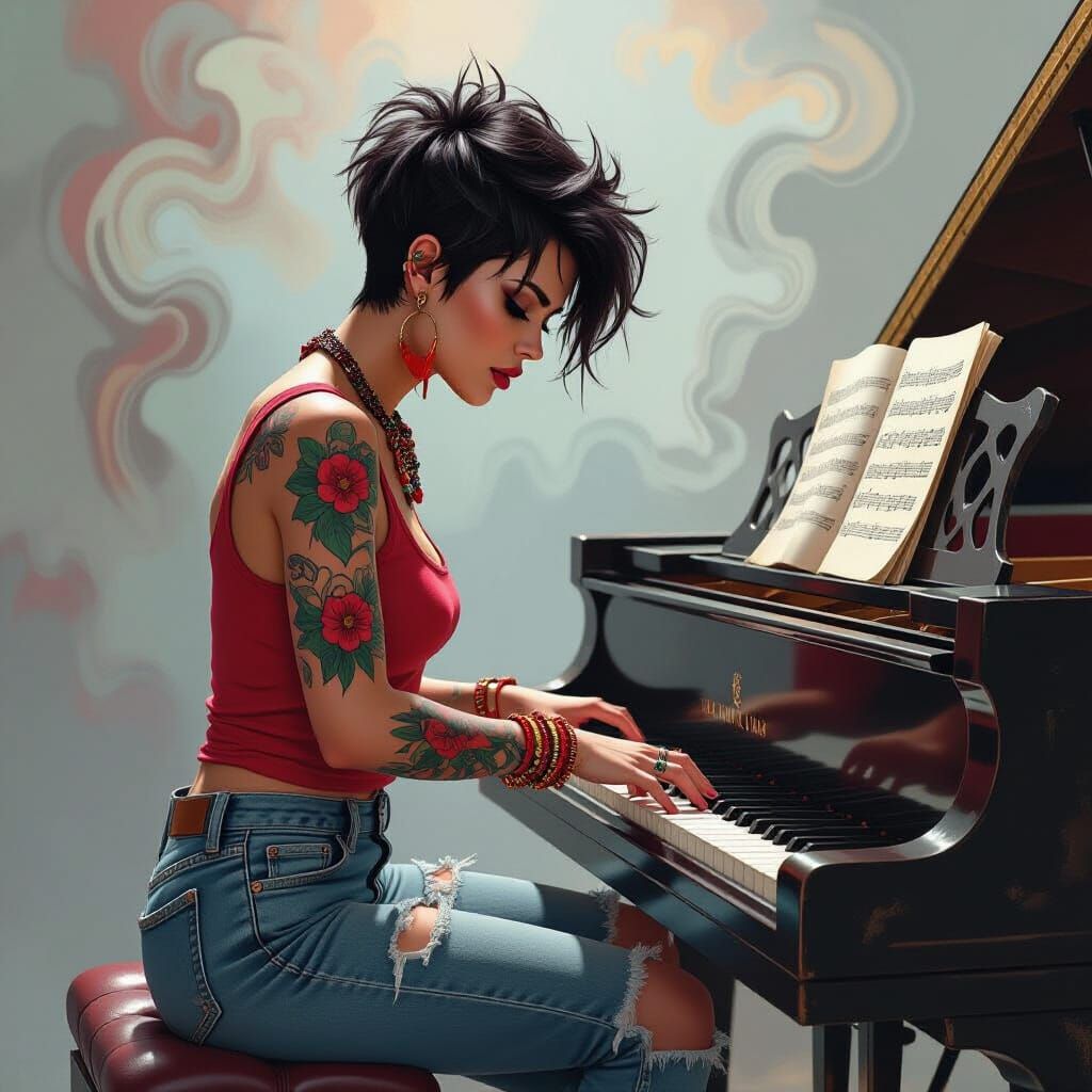 Punk Woman Plays Piano in Hyperrealistic Digital Art Style