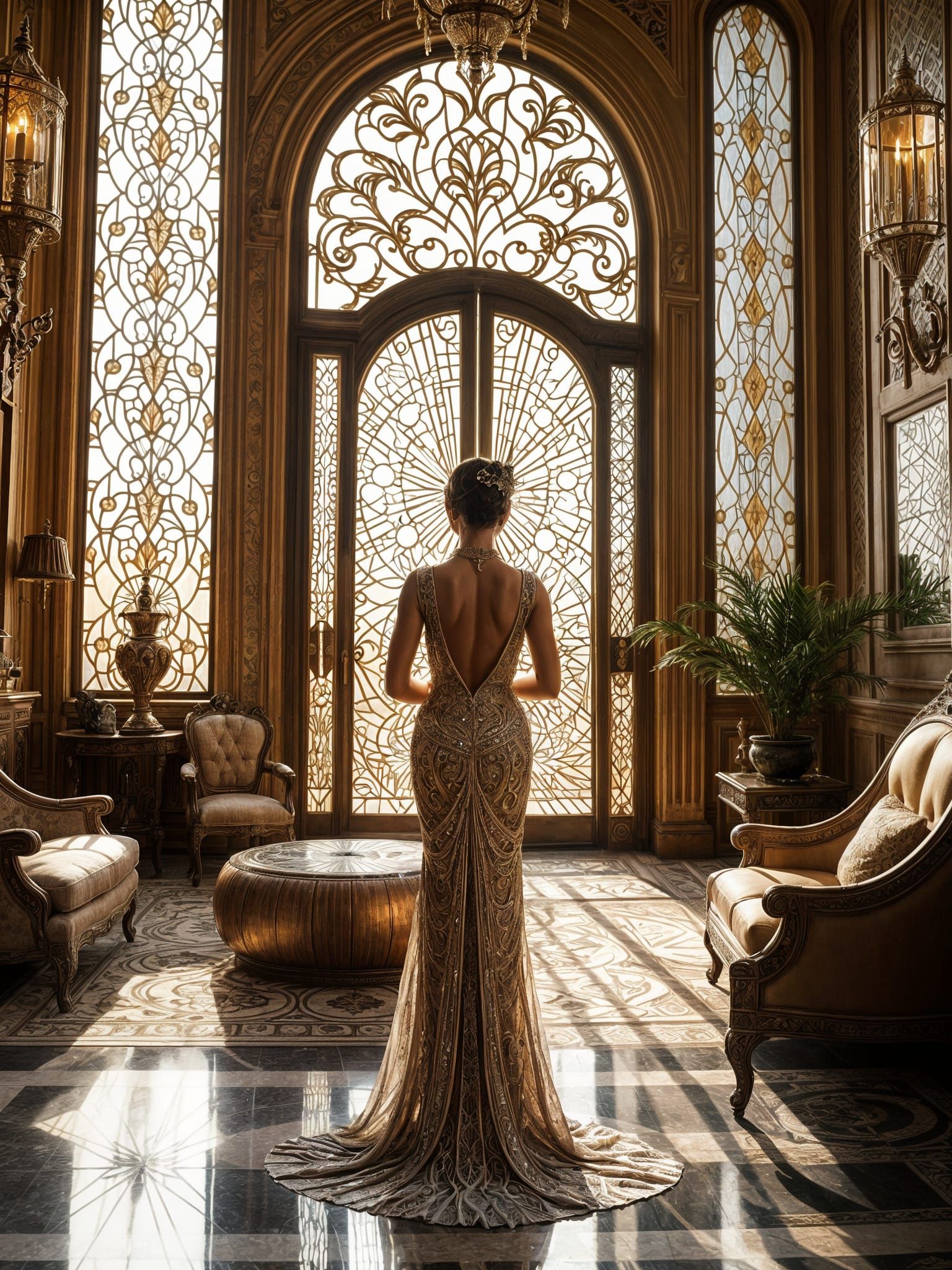 Art Deco Woman in Sunlit Twenties Living Room