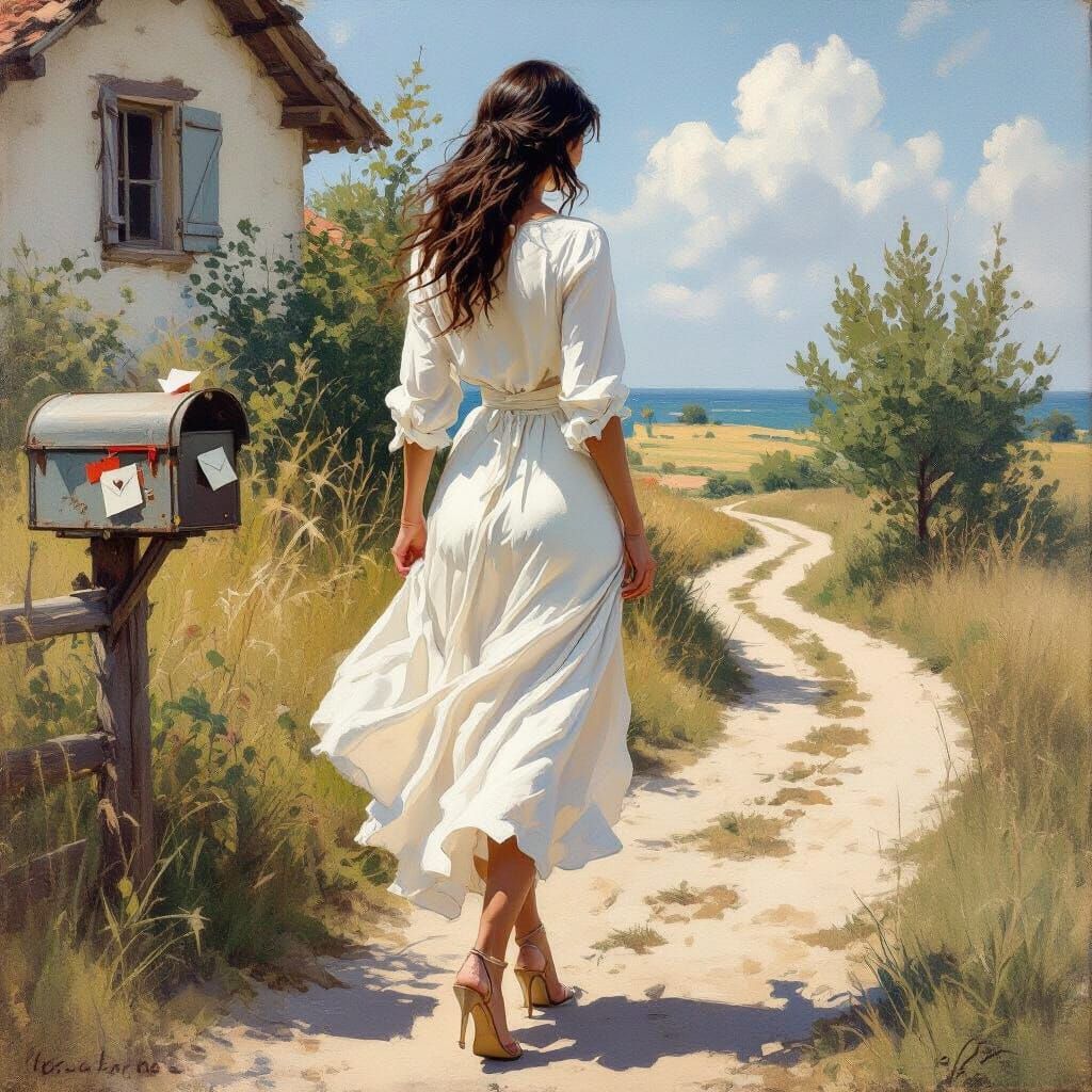 Elegant Woman Walking to Mailbox as Oil Painting