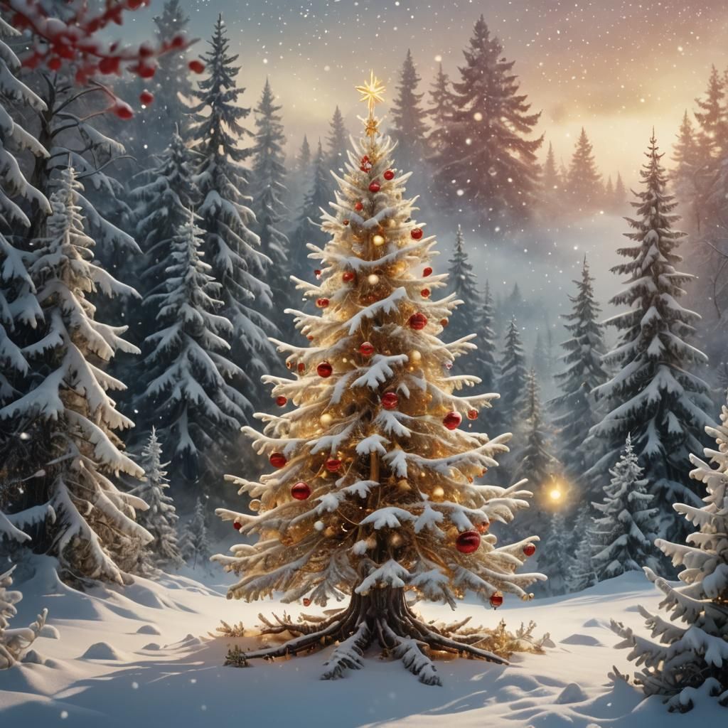 Fantasy Christmas Tree in Snowy Forest, Digital Art