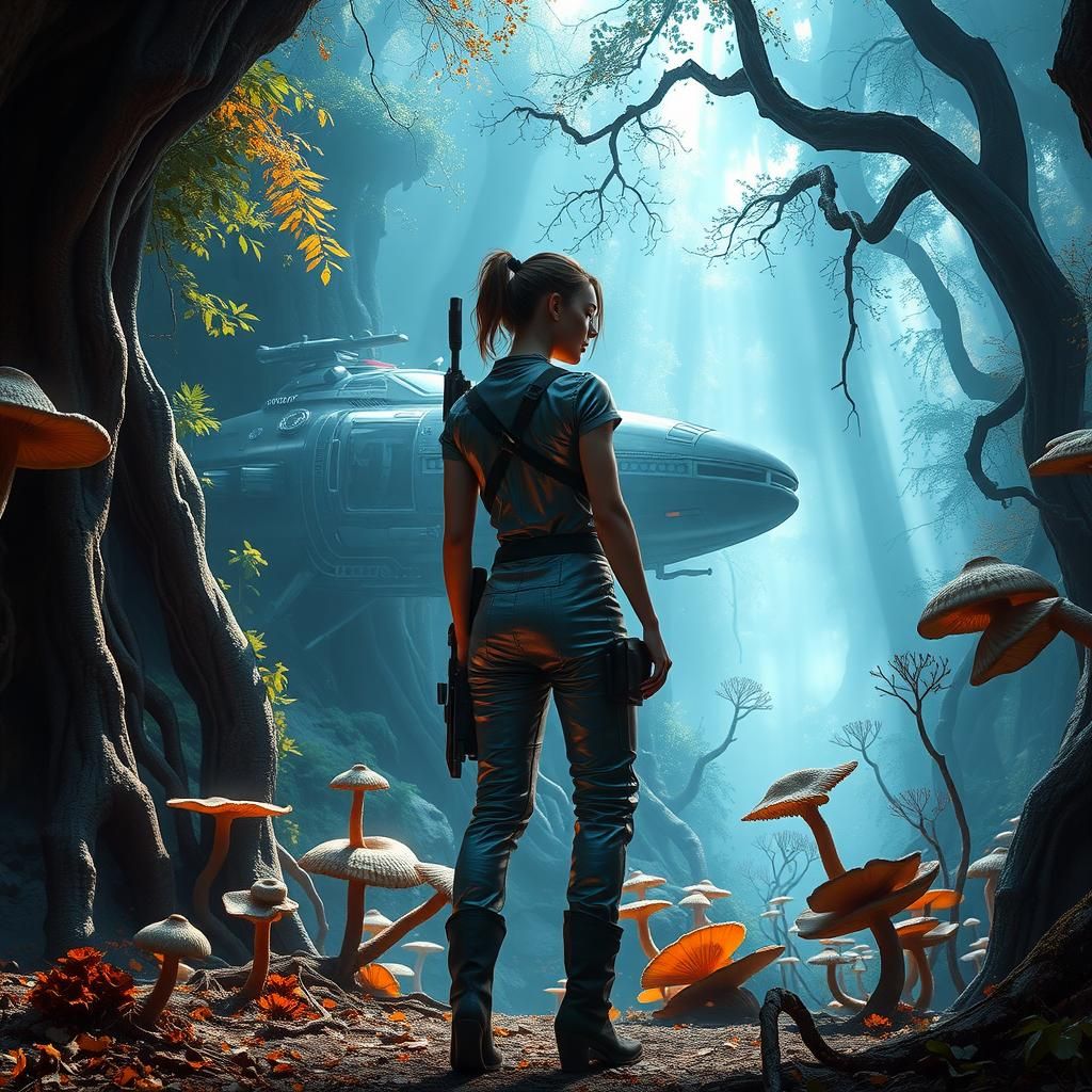 Sci-Fi Woman in Alien Forest Spaceship
