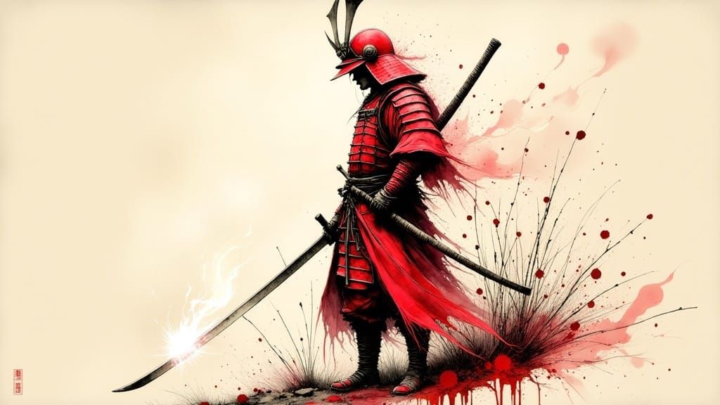 Samurai in Red Armor with White Flame Eye, Dynamic Japanese ...