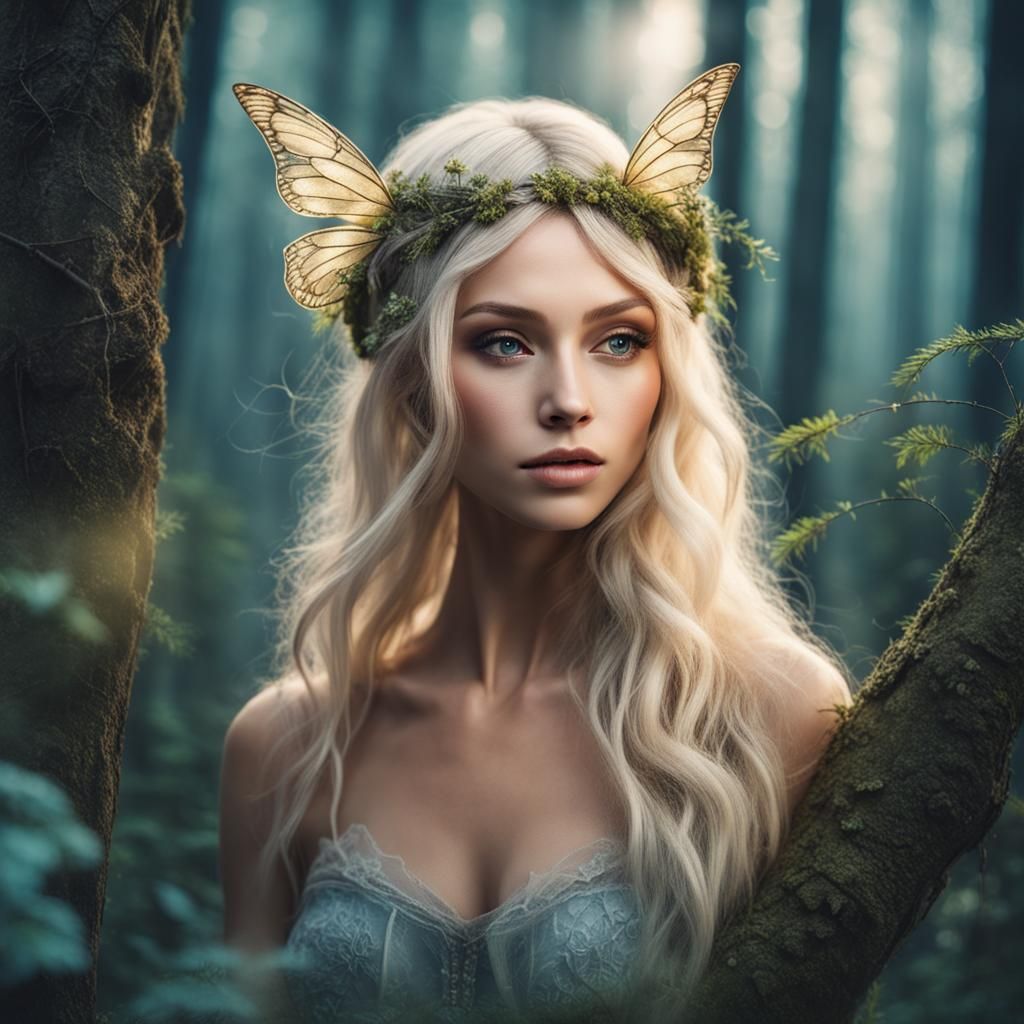 Blonde Mystical Fairy in Enchanted Forest
