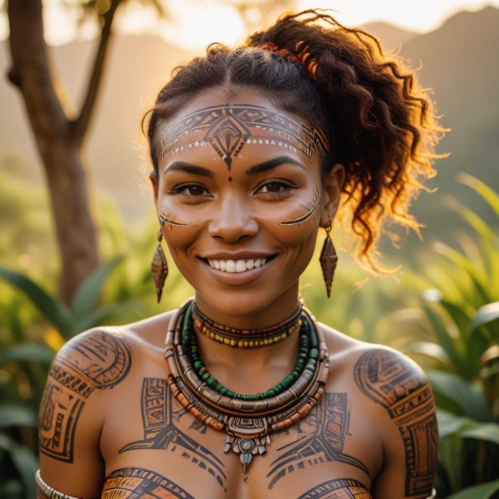 Vibrant Tribal Woman Portrait in Mixed Art Styles