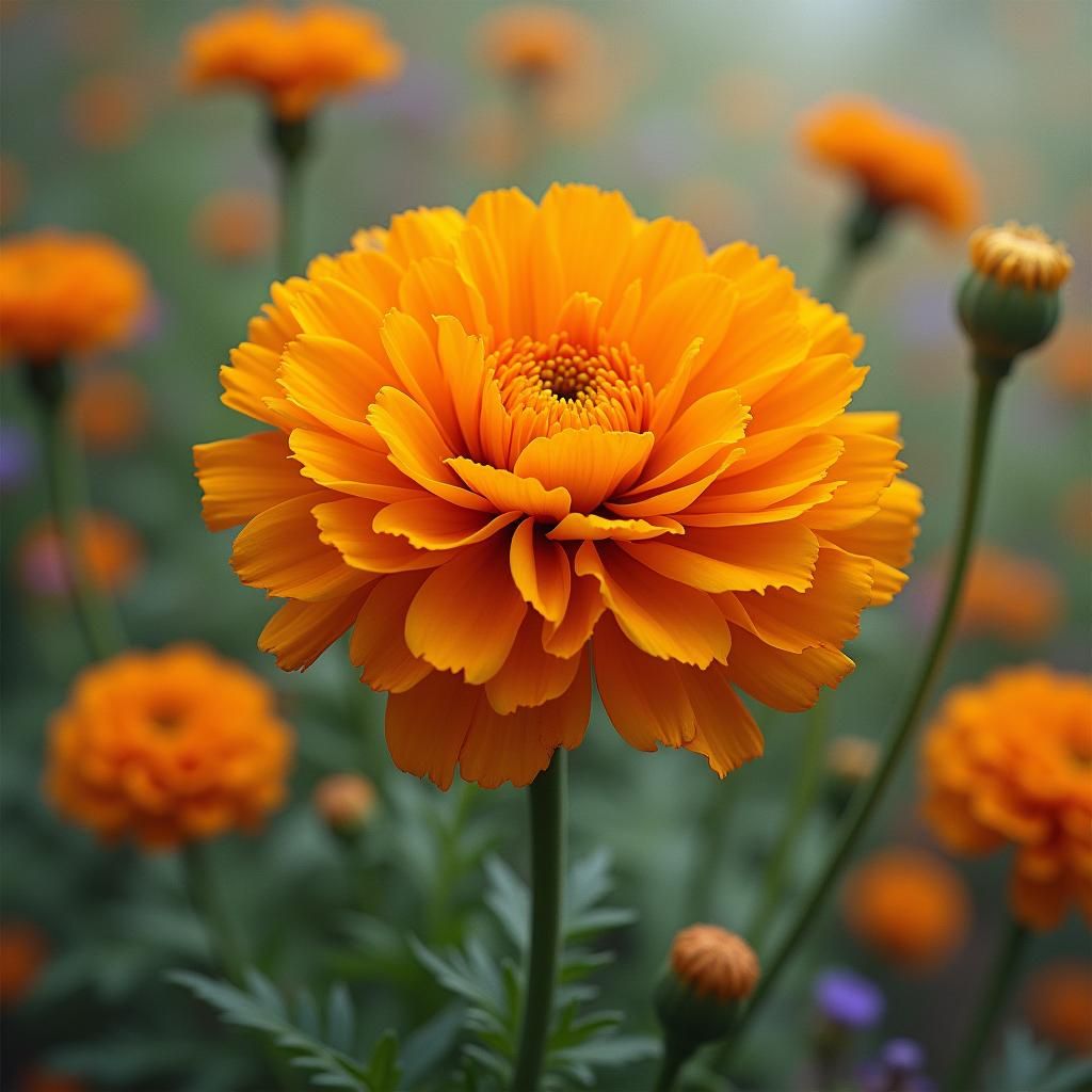 Marigold with Dreamy Backdrop as Botanical Illustration