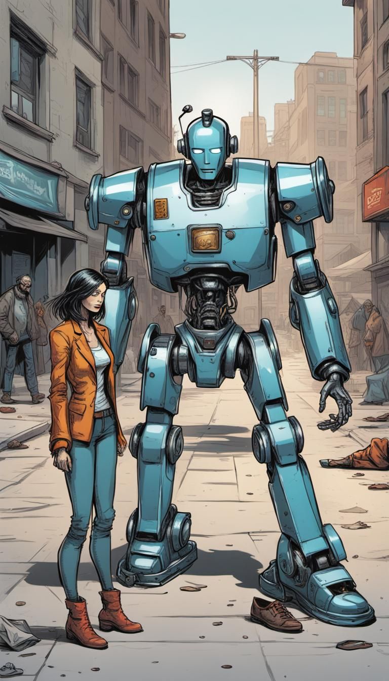 Robot Girl Disgusted by Homeless Man: Comic Art