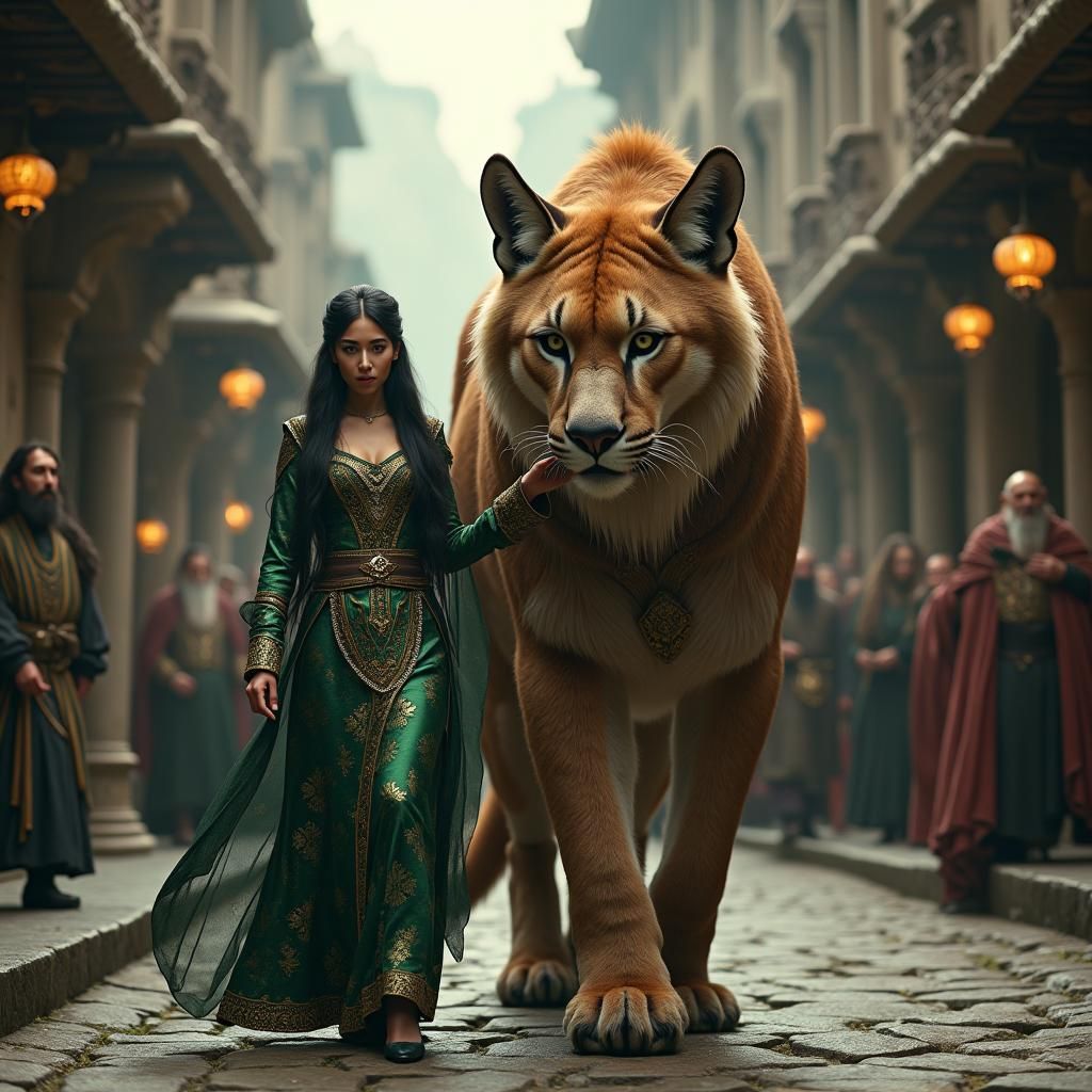 Celtic Woman with Puma in Mystical City, Photorealistic