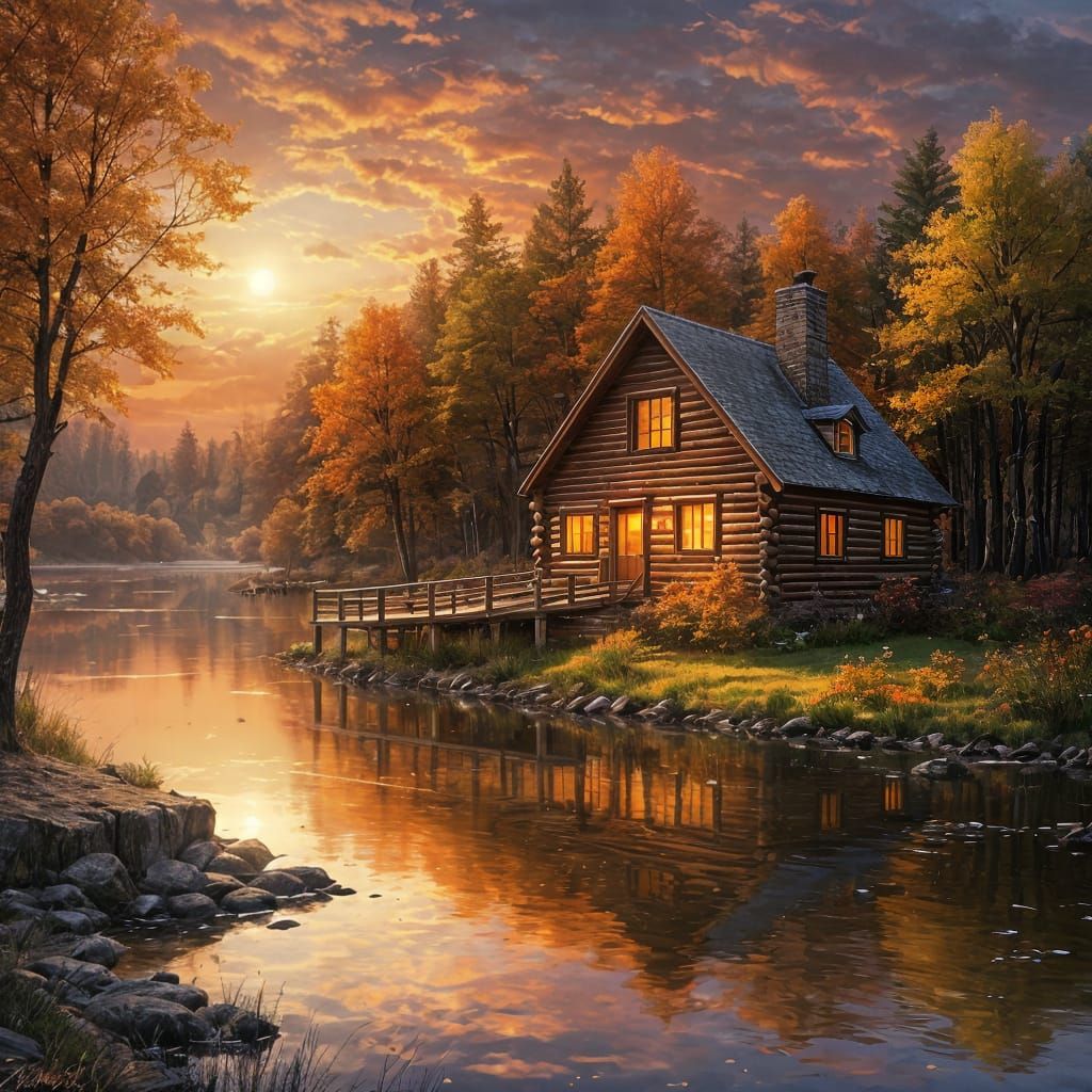 Cozy Log Cabin by Lake at Sunset, Autumn Foliage