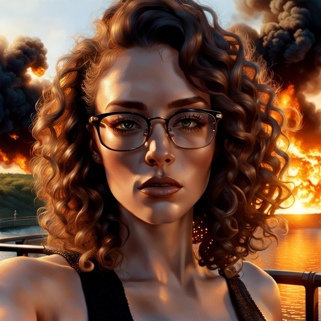 Woman on Burning Bridge in Comic Book Style