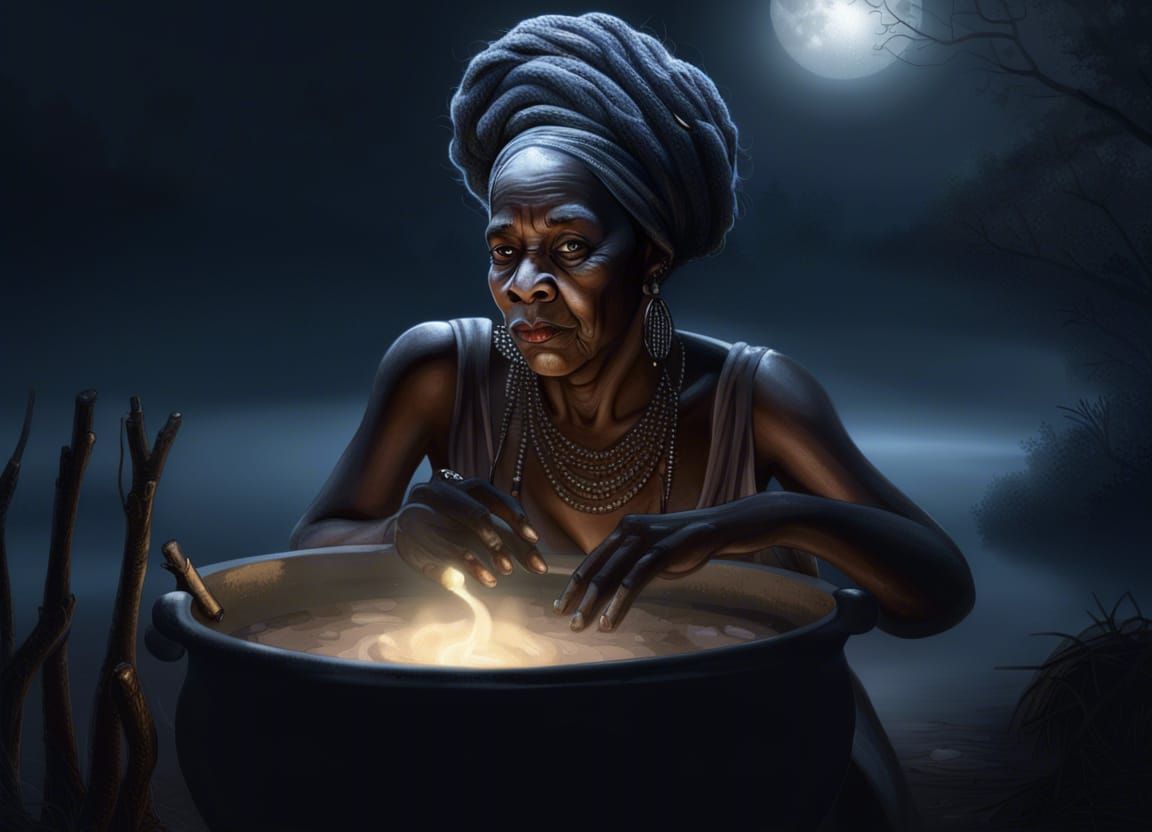 Voodoo Woman Brews Potion by Moonlit Bayou