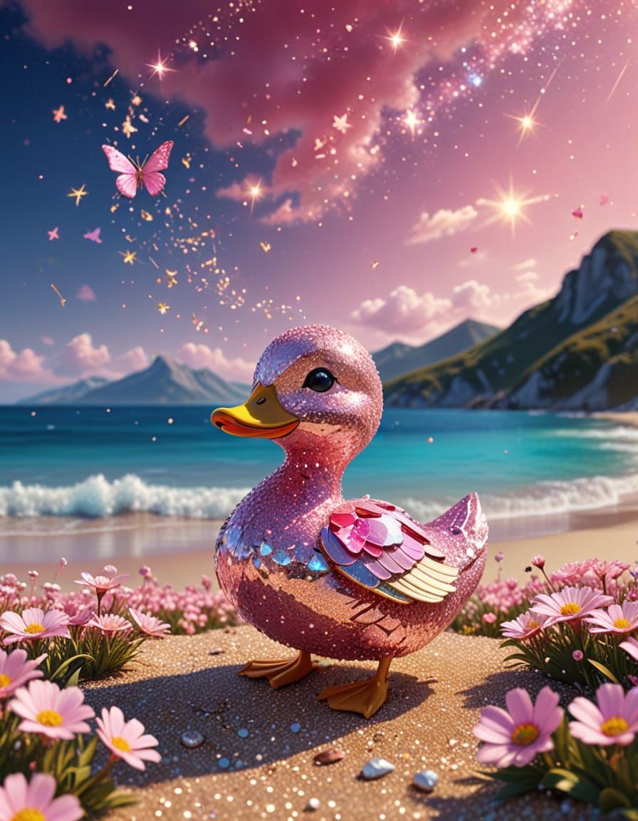 Starry Skies over Pink Flower Meadow with Duck