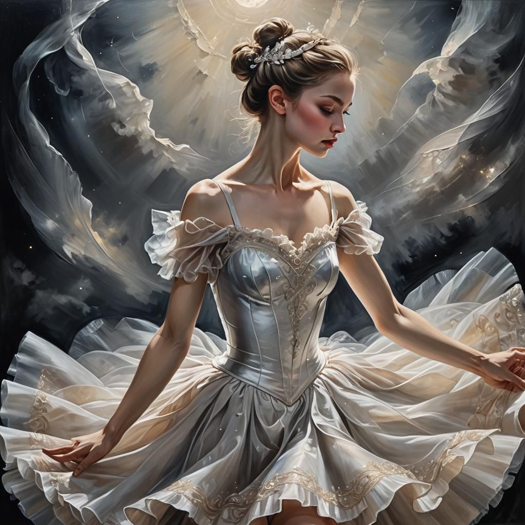 Ballerina's Moonlight Dance: A Baroque Oil Painting