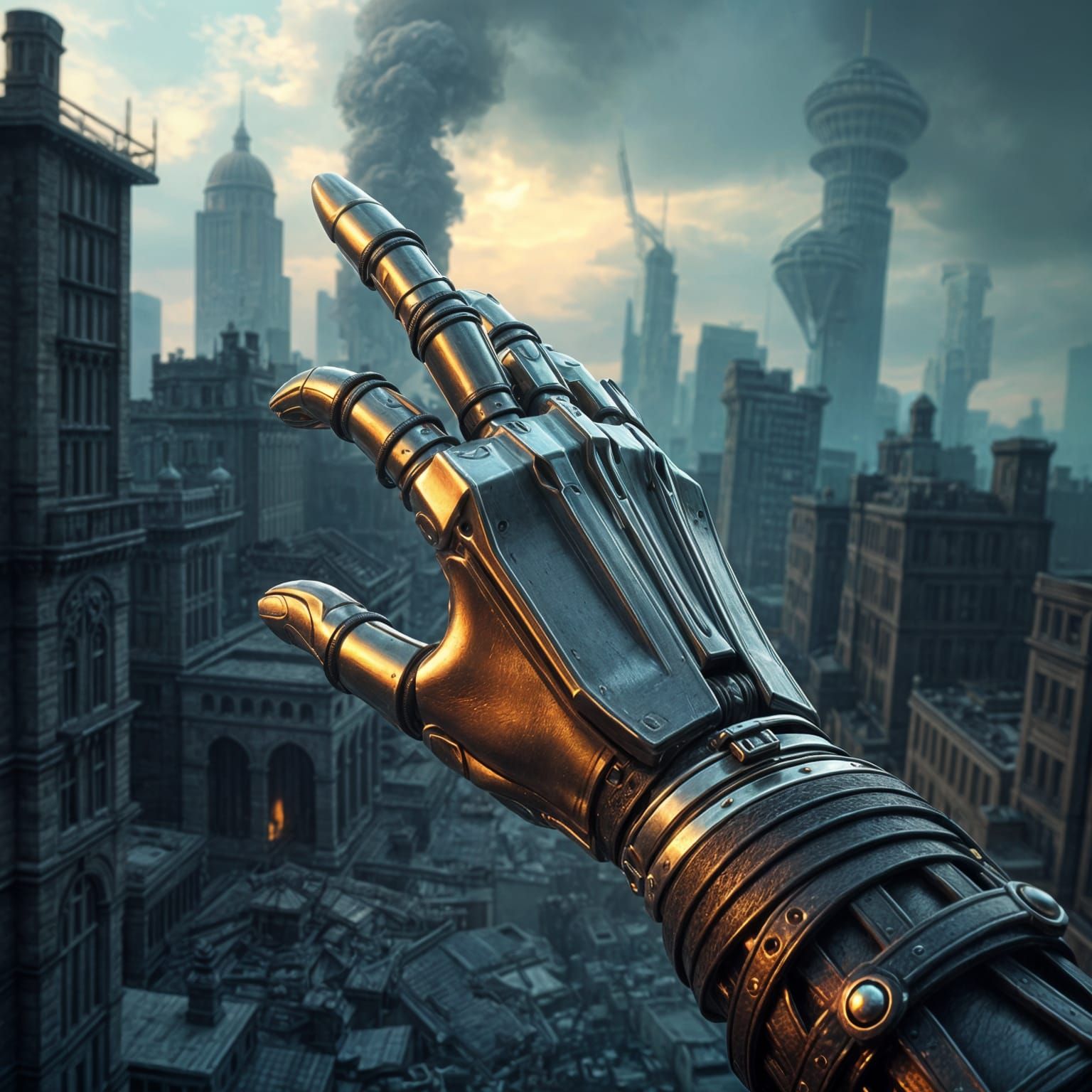 Mechanical Hand Extended Finger in Crumbling City Matte Pain...