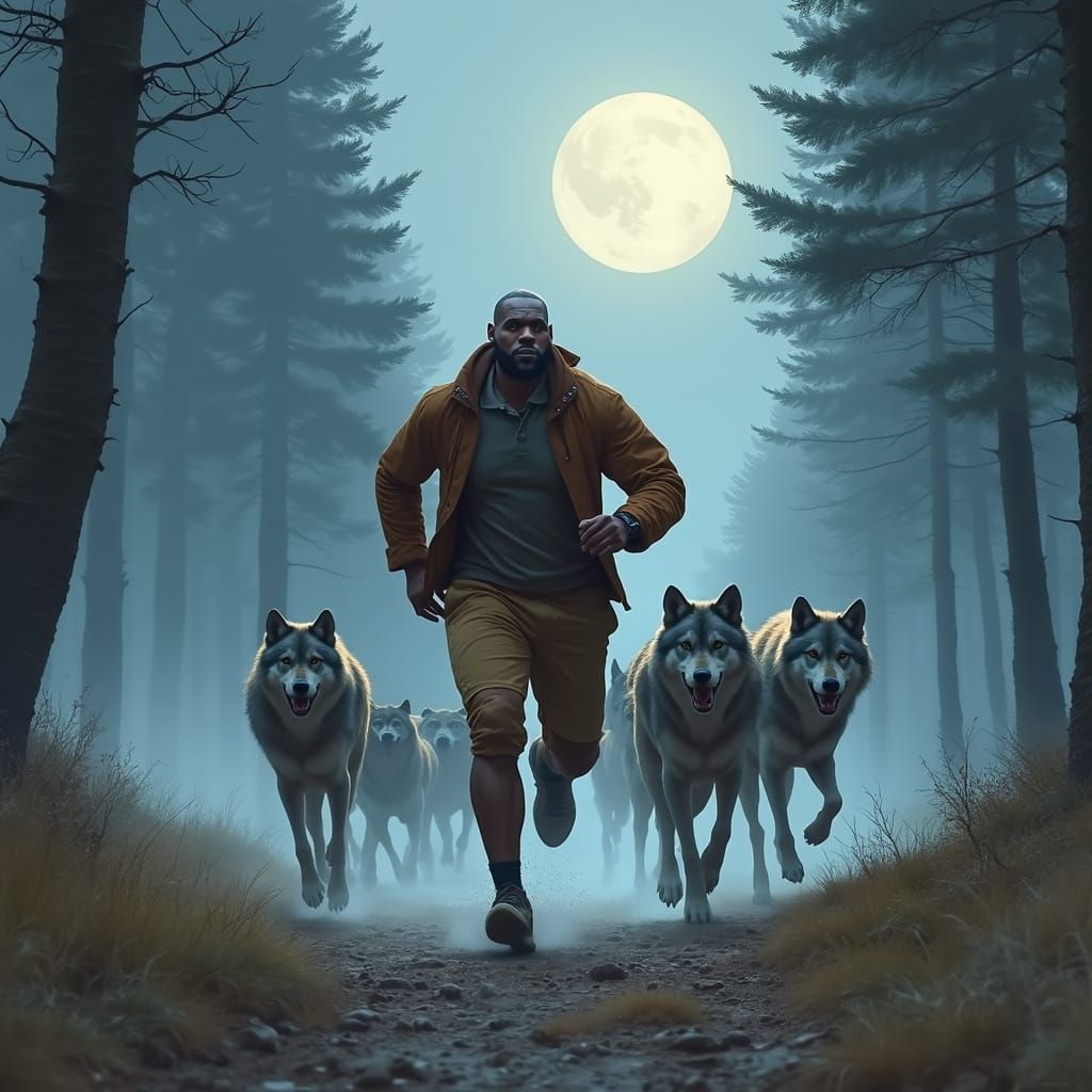 Lebron James Hunts with Majestic Gray Wolves in Moonlit Fore...