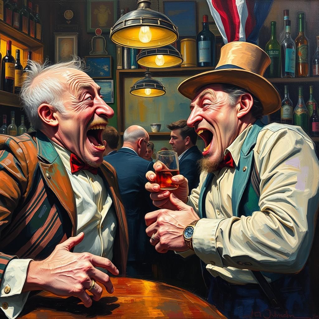 Men Fighting in London Bar: Expressionist Oil Painting