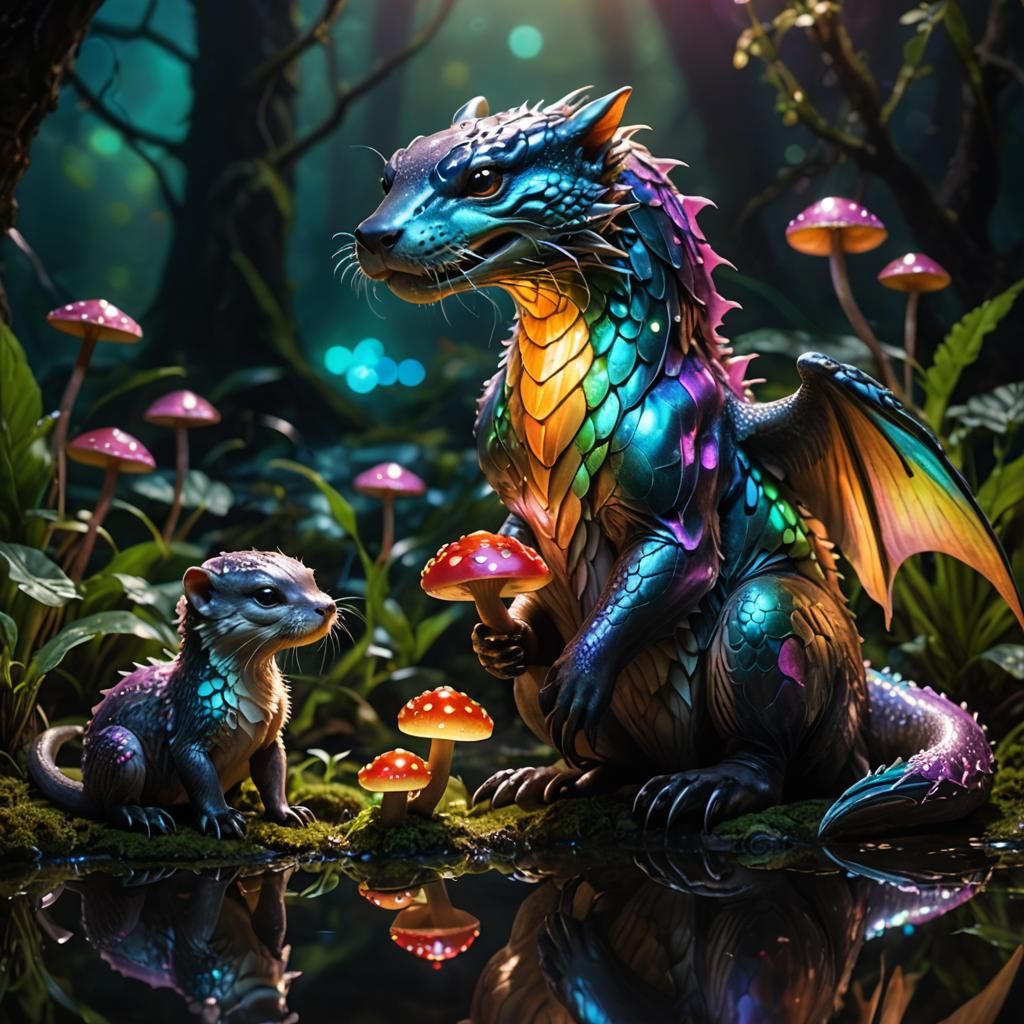 Holographic Dragon Otter Family in a Cinematic CGI Style