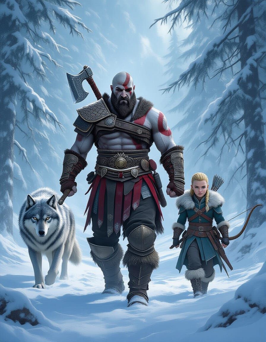 Kratos and Loki with Wolf in Snowy Forest