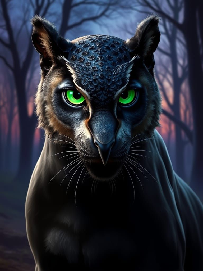 Majestic Panther-Owl Hybrid in Twilight Forest