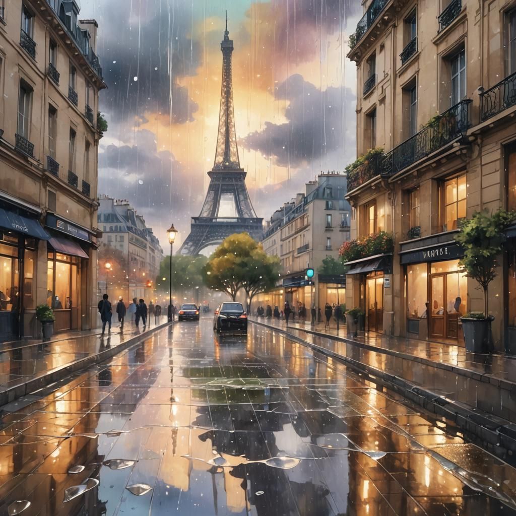 Eiffel Tower in Rain: Watercolor Anime Art