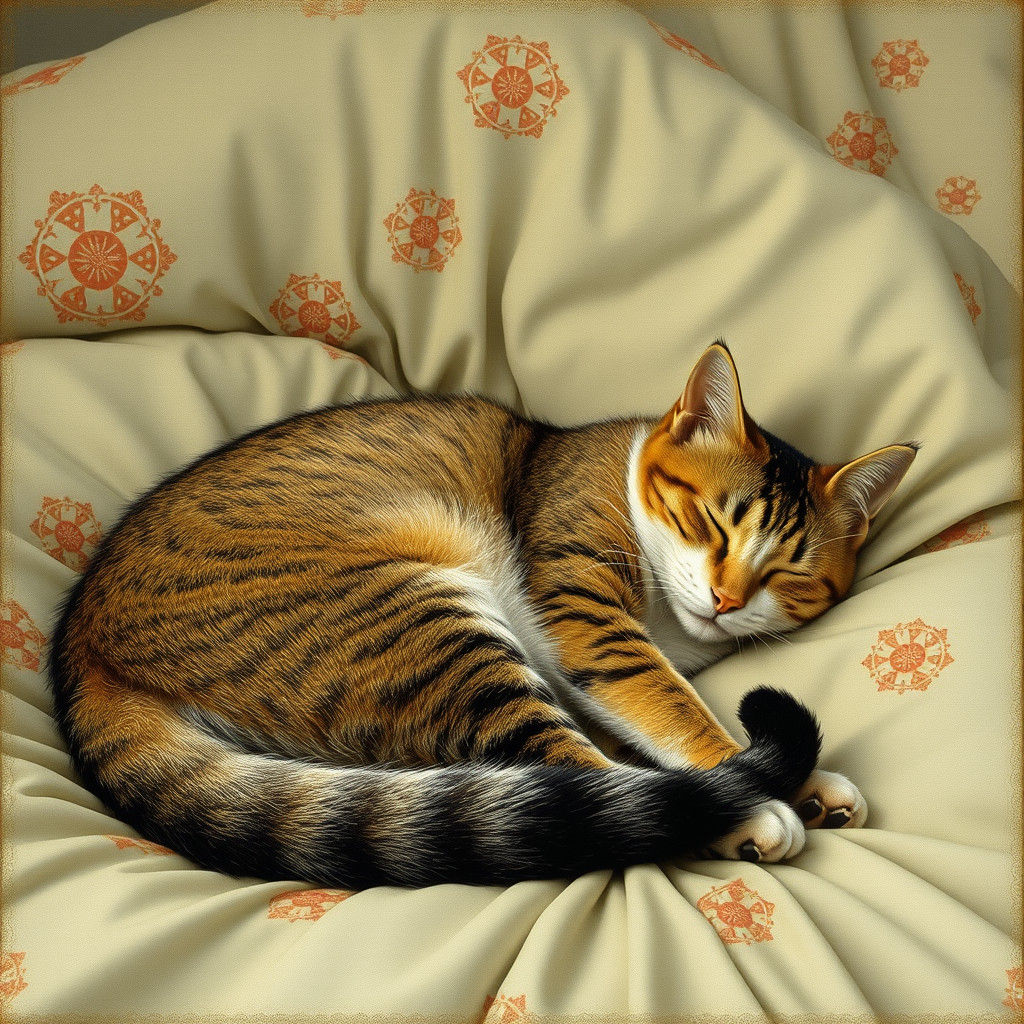 Cat Sleeping on Bed in Art Nouveau Style