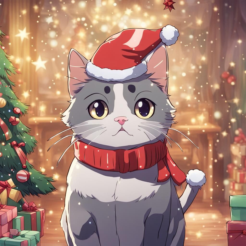 Festive Anime Cat Celebrates Christmas